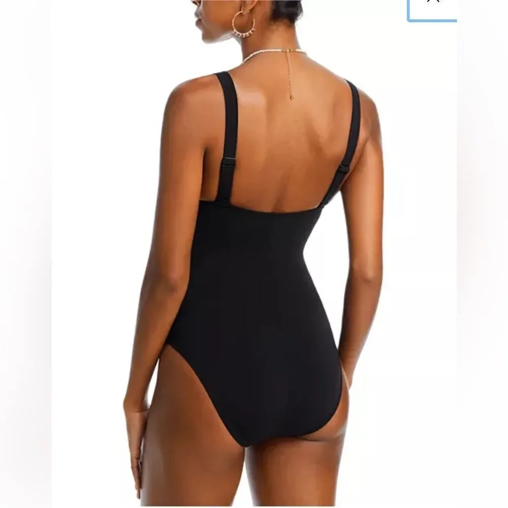 Robin Piccone Ava Plunge Neck Tie-Front One Piece Swimsuit size 8